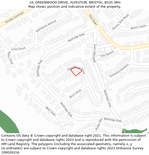 10, GREENWOOD DRIVE, ALVESTON, BRISTOL, BS35 3RH: Location map and indicative extent of plot