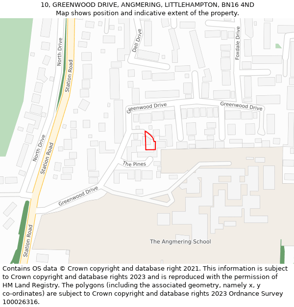 10, GREENWOOD DRIVE, ANGMERING, LITTLEHAMPTON, BN16 4ND: Location map and indicative extent of plot