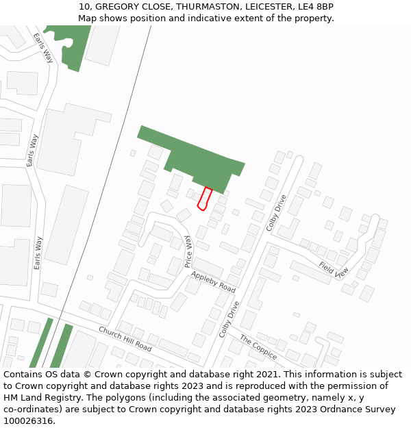 10, GREGORY CLOSE, THURMASTON, LEICESTER, LE4 8BP: Location map and indicative extent of plot