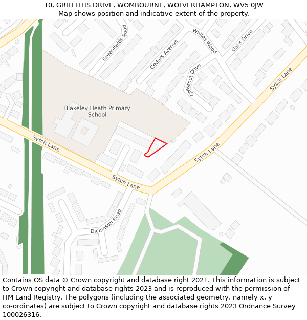 10, GRIFFITHS DRIVE, WOMBOURNE, WOLVERHAMPTON, WV5 0JW: Location map and indicative extent of plot