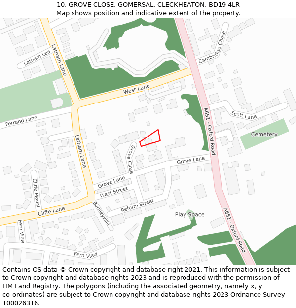 10, GROVE CLOSE, GOMERSAL, CLECKHEATON, BD19 4LR: Location map and indicative extent of plot