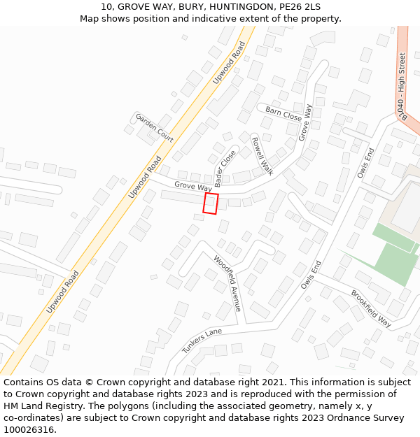 10, GROVE WAY, BURY, HUNTINGDON, PE26 2LS: Location map and indicative extent of plot