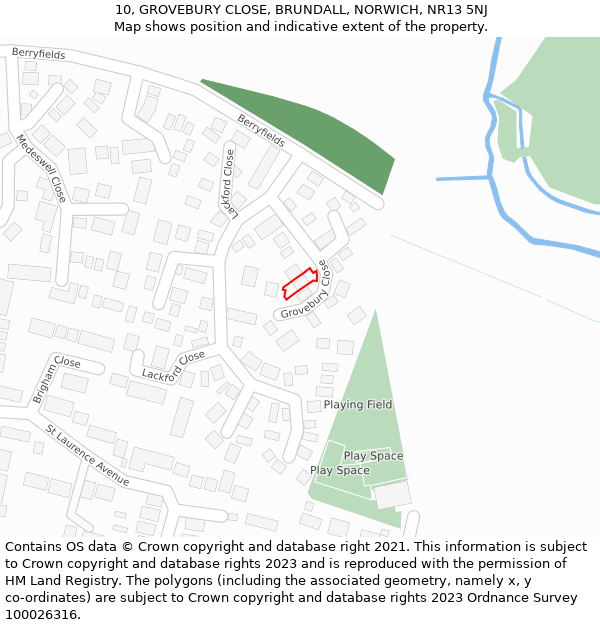 10, GROVEBURY CLOSE, BRUNDALL, NORWICH, NR13 5NJ: Location map and indicative extent of plot