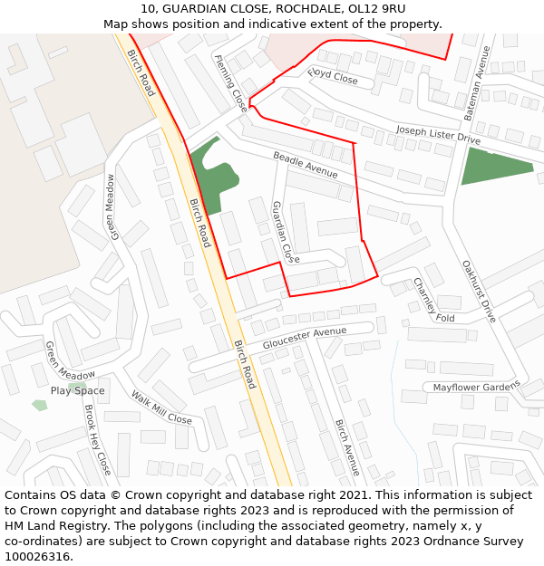 10, GUARDIAN CLOSE, ROCHDALE, OL12 9RU: Location map and indicative extent of plot