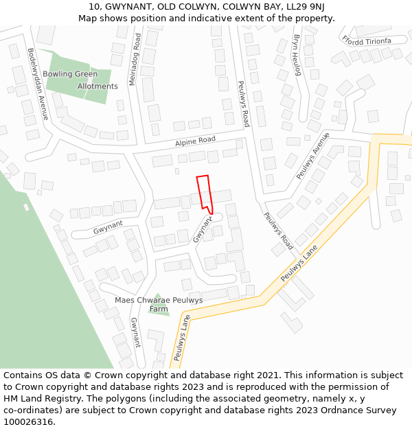 10, GWYNANT, OLD COLWYN, COLWYN BAY, LL29 9NJ: Location map and indicative extent of plot