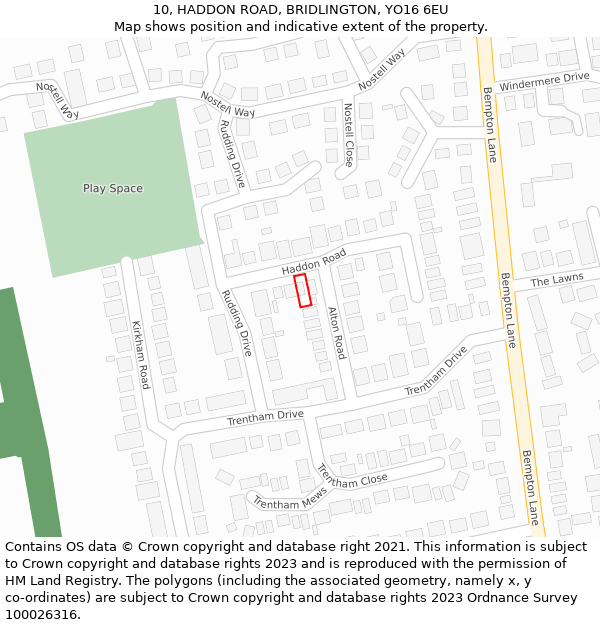 10, HADDON ROAD, BRIDLINGTON, YO16 6EU: Location map and indicative extent of plot