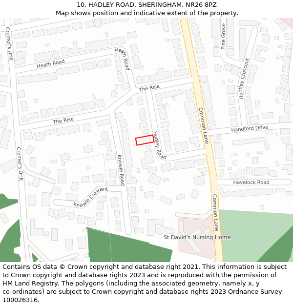 10, HADLEY ROAD, SHERINGHAM, NR26 8PZ: Location map and indicative extent of plot