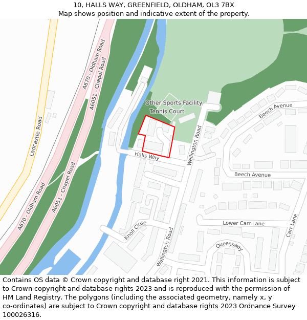 10, HALLS WAY, GREENFIELD, OLDHAM, OL3 7BX: Location map and indicative extent of plot