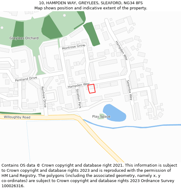 10, HAMPDEN WAY, GREYLEES, SLEAFORD, NG34 8FS: Location map and indicative extent of plot