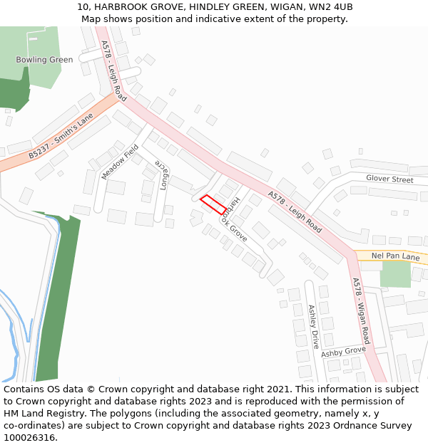 10, HARBROOK GROVE, HINDLEY GREEN, WIGAN, WN2 4UB: Location map and indicative extent of plot