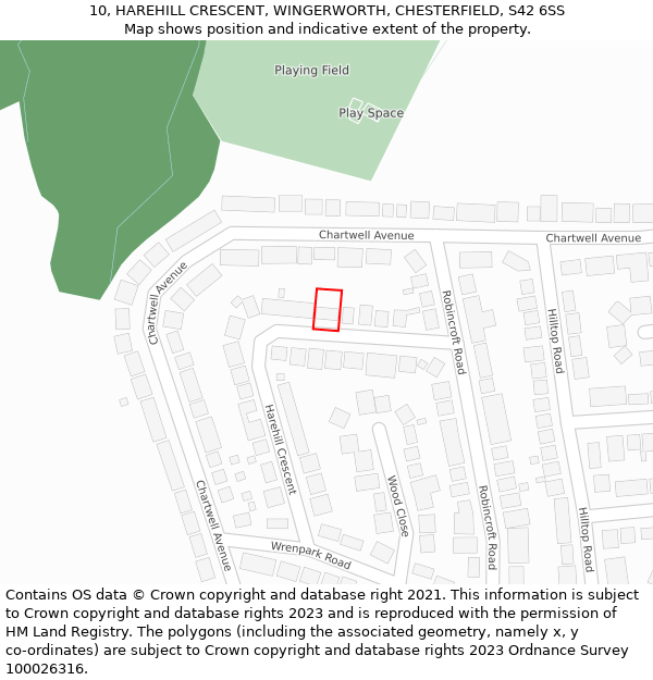 10, HAREHILL CRESCENT, WINGERWORTH, CHESTERFIELD, S42 6SS: Location map and indicative extent of plot