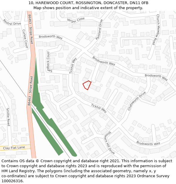 10, HAREWOOD COURT, ROSSINGTON, DONCASTER, DN11 0FB: Location map and indicative extent of plot