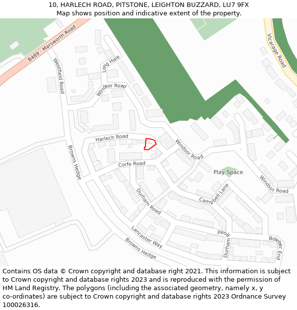 10, HARLECH ROAD, PITSTONE, LEIGHTON BUZZARD, LU7 9FX: Location map and indicative extent of plot