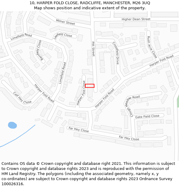 10, HARPER FOLD CLOSE, RADCLIFFE, MANCHESTER, M26 3UQ: Location map and indicative extent of plot