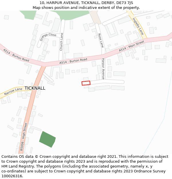 10, HARPUR AVENUE, TICKNALL, DERBY, DE73 7JS: Location map and indicative extent of plot