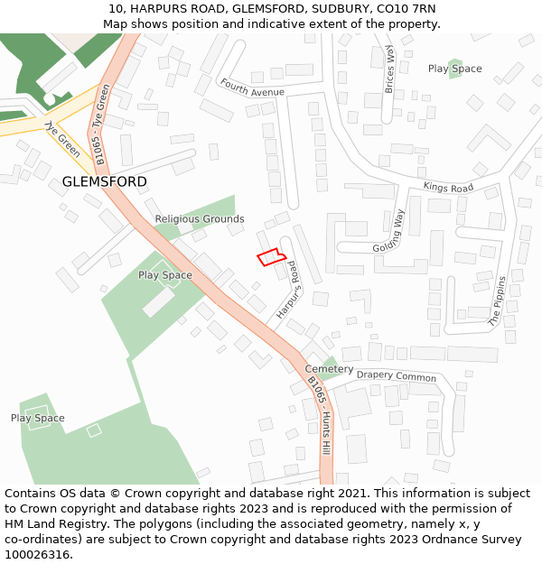 10, HARPURS ROAD, GLEMSFORD, SUDBURY, CO10 7RN: Location map and indicative extent of plot