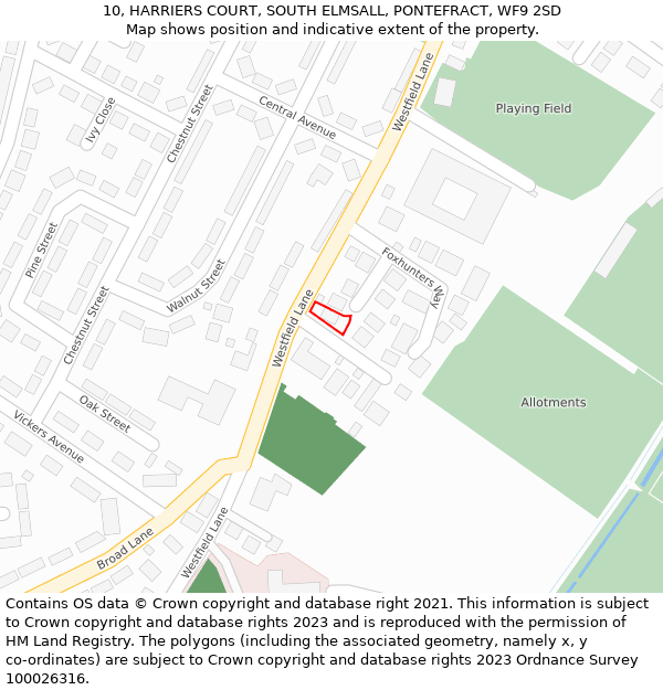 10, HARRIERS COURT, SOUTH ELMSALL, PONTEFRACT, WF9 2SD: Location map and indicative extent of plot