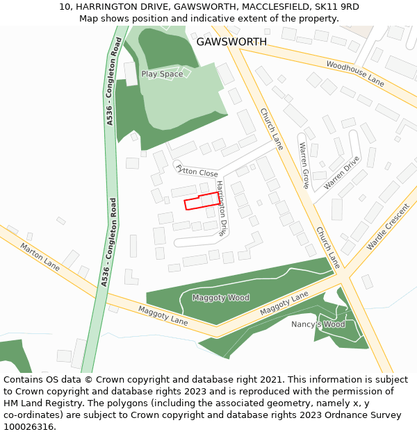 10, HARRINGTON DRIVE, GAWSWORTH, MACCLESFIELD, SK11 9RD: Location map and indicative extent of plot