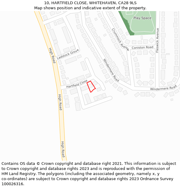 10, HARTFIELD CLOSE, WHITEHAVEN, CA28 9LS: Location map and indicative extent of plot