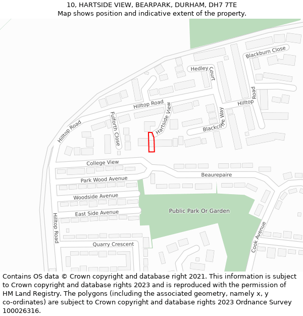 10, HARTSIDE VIEW, BEARPARK, DURHAM, DH7 7TE: Location map and indicative extent of plot