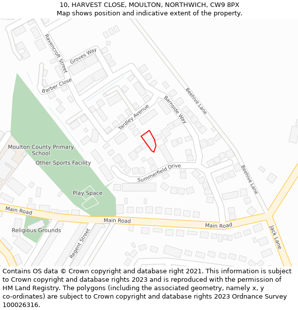 10, HARVEST CLOSE, MOULTON, NORTHWICH, CW9 8PX: Location map and indicative extent of plot