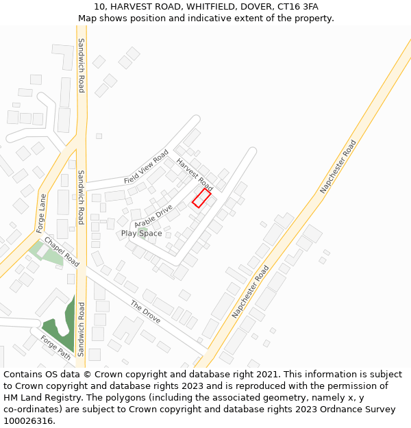 10, HARVEST ROAD, WHITFIELD, DOVER, CT16 3FA: Location map and indicative extent of plot