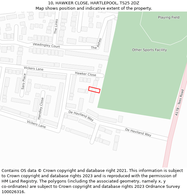 10, HAWKER CLOSE, HARTLEPOOL, TS25 2DZ: Location map and indicative extent of plot