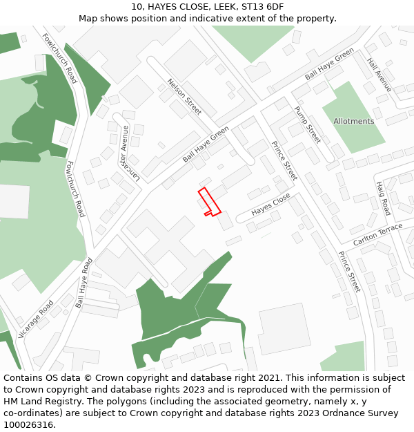 10, HAYES CLOSE, LEEK, ST13 6DF: Location map and indicative extent of plot