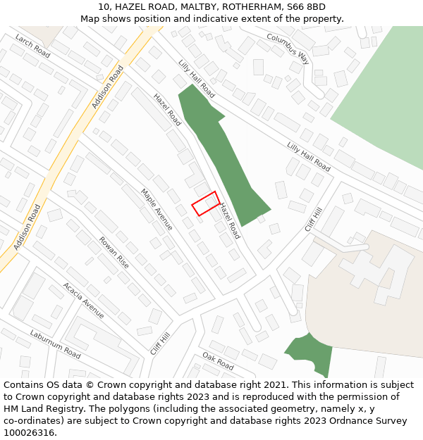 10, HAZEL ROAD, MALTBY, ROTHERHAM, S66 8BD: Location map and indicative extent of plot