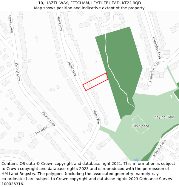 10, HAZEL WAY, FETCHAM, LEATHERHEAD, KT22 9QD: Location map and indicative extent of plot