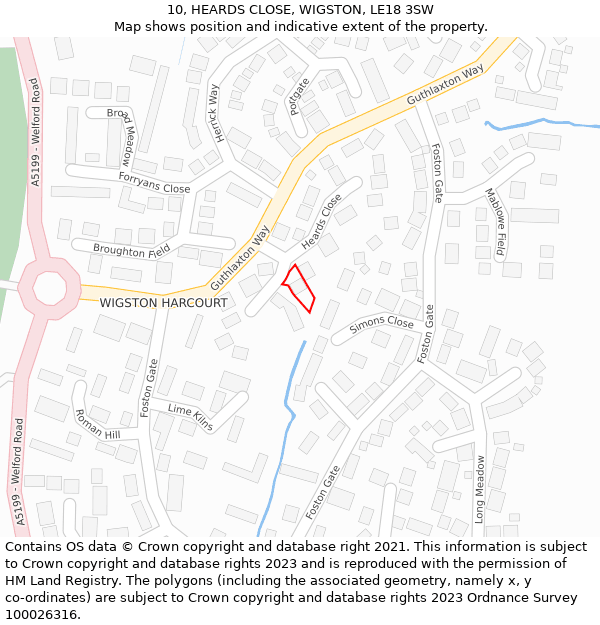 10, HEARDS CLOSE, WIGSTON, LE18 3SW: Location map and indicative extent of plot