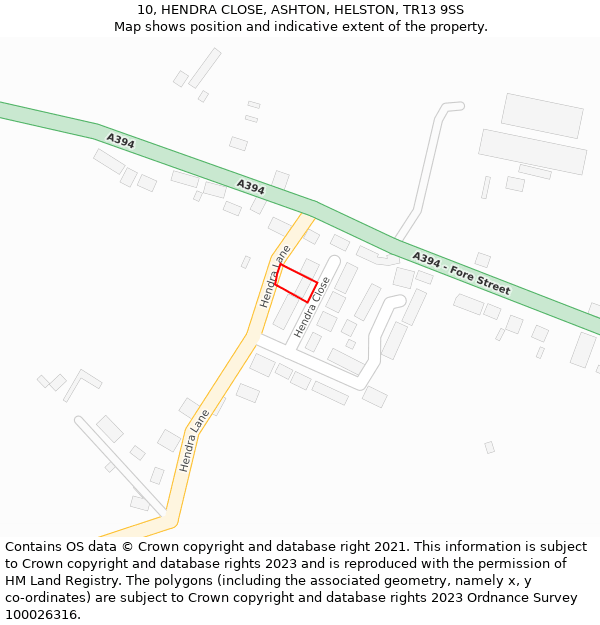 10, HENDRA CLOSE, ASHTON, HELSTON, TR13 9SS: Location map and indicative extent of plot