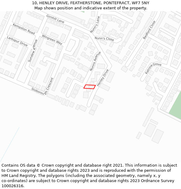 10, HENLEY DRIVE, FEATHERSTONE, PONTEFRACT, WF7 5NY: Location map and indicative extent of plot