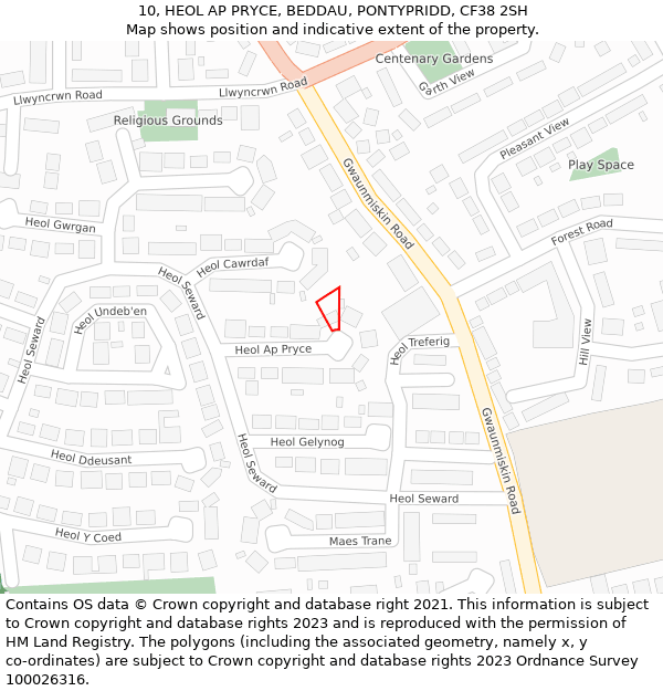 10, HEOL AP PRYCE, BEDDAU, PONTYPRIDD, CF38 2SH: Location map and indicative extent of plot