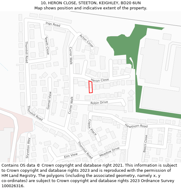 10, HERON CLOSE, STEETON, KEIGHLEY, BD20 6UN: Location map and indicative extent of plot