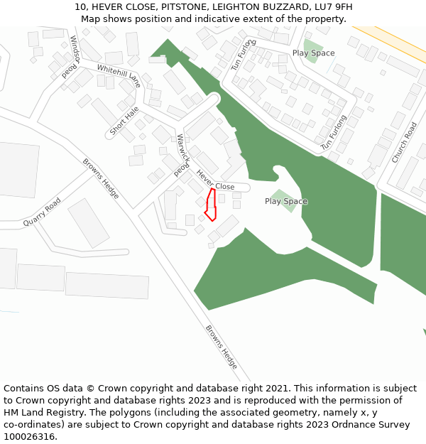 10, HEVER CLOSE, PITSTONE, LEIGHTON BUZZARD, LU7 9FH: Location map and indicative extent of plot