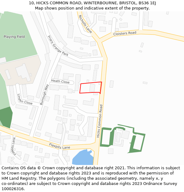 10, HICKS COMMON ROAD, WINTERBOURNE, BRISTOL, BS36 1EJ: Location map and indicative extent of plot