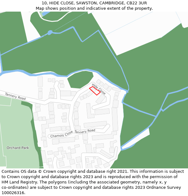 10, HIDE CLOSE, SAWSTON, CAMBRIDGE, CB22 3UR: Location map and indicative extent of plot