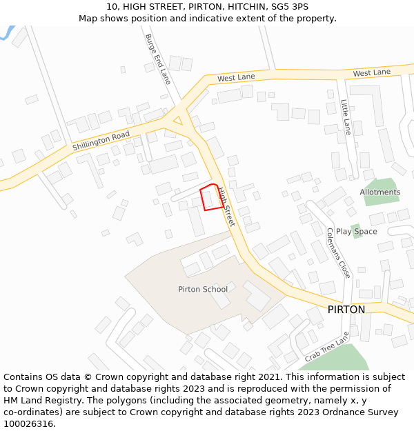 10, HIGH STREET, PIRTON, HITCHIN, SG5 3PS: Location map and indicative extent of plot