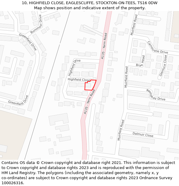 10, HIGHFIELD CLOSE, EAGLESCLIFFE, STOCKTON-ON-TEES, TS16 0DW: Location map and indicative extent of plot