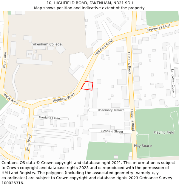 10, HIGHFIELD ROAD, FAKENHAM, NR21 9DH: Location map and indicative extent of plot