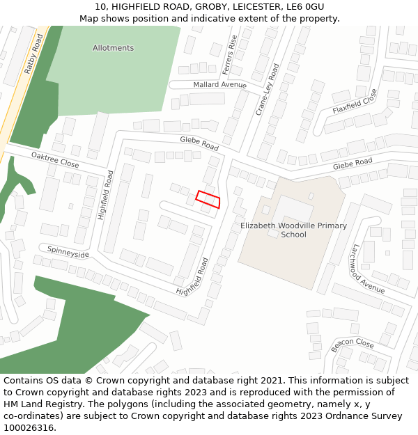 10, HIGHFIELD ROAD, GROBY, LEICESTER, LE6 0GU: Location map and indicative extent of plot