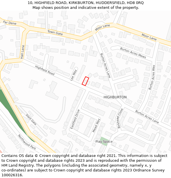 10, HIGHFIELD ROAD, KIRKBURTON, HUDDERSFIELD, HD8 0RQ: Location map and indicative extent of plot