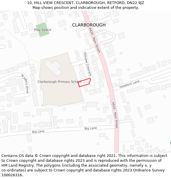 10, HILL VIEW CRESCENT, CLARBOROUGH, RETFORD, DN22 9JZ: Location map and indicative extent of plot