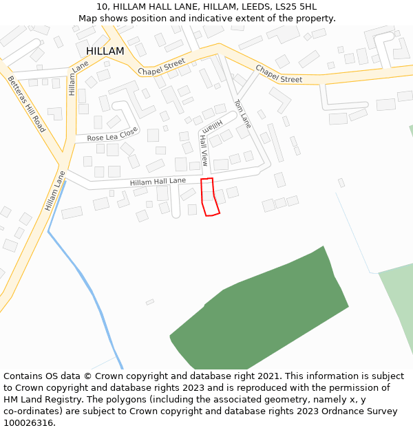 10, HILLAM HALL LANE, HILLAM, LEEDS, LS25 5HL: Location map and indicative extent of plot