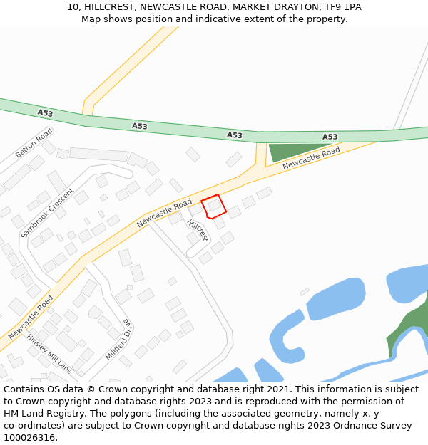 10, HILLCREST, NEWCASTLE ROAD, MARKET DRAYTON, TF9 1PA: Location map and indicative extent of plot