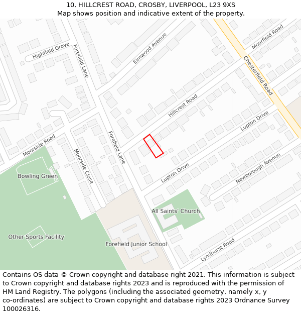 10, HILLCREST ROAD, CROSBY, LIVERPOOL, L23 9XS: Location map and indicative extent of plot