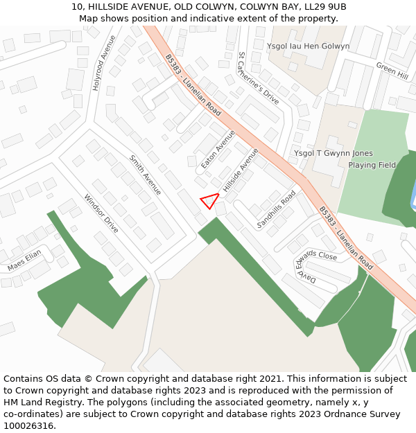 10, HILLSIDE AVENUE, OLD COLWYN, COLWYN BAY, LL29 9UB: Location map and indicative extent of plot