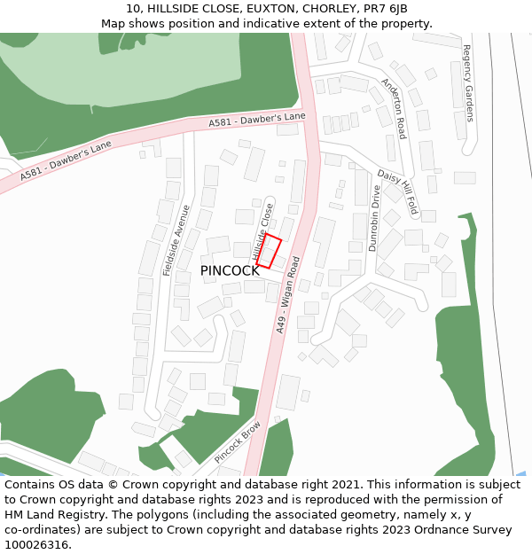 10, HILLSIDE CLOSE, EUXTON, CHORLEY, PR7 6JB: Location map and indicative extent of plot
