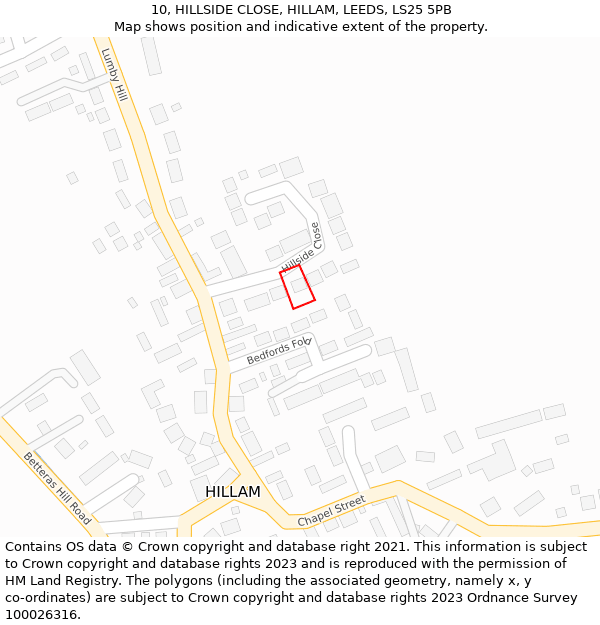 10, HILLSIDE CLOSE, HILLAM, LEEDS, LS25 5PB: Location map and indicative extent of plot